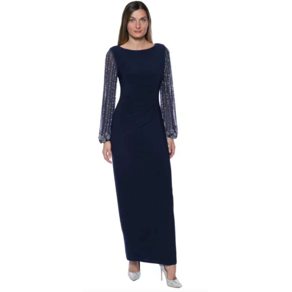 SOPHISTICATED SLEEK MATT JERSEY Marina Navy Beaded Sheer Sleeve Evening Gown 10